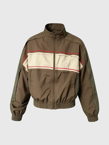 Co-ed Dorm Baggy Contrast Color Zip-up Jacket - Brown