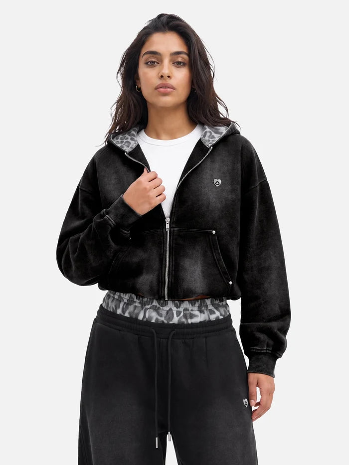 Co-ed Dorm Baggy Drawstring Hem Zip Hoodie - Black