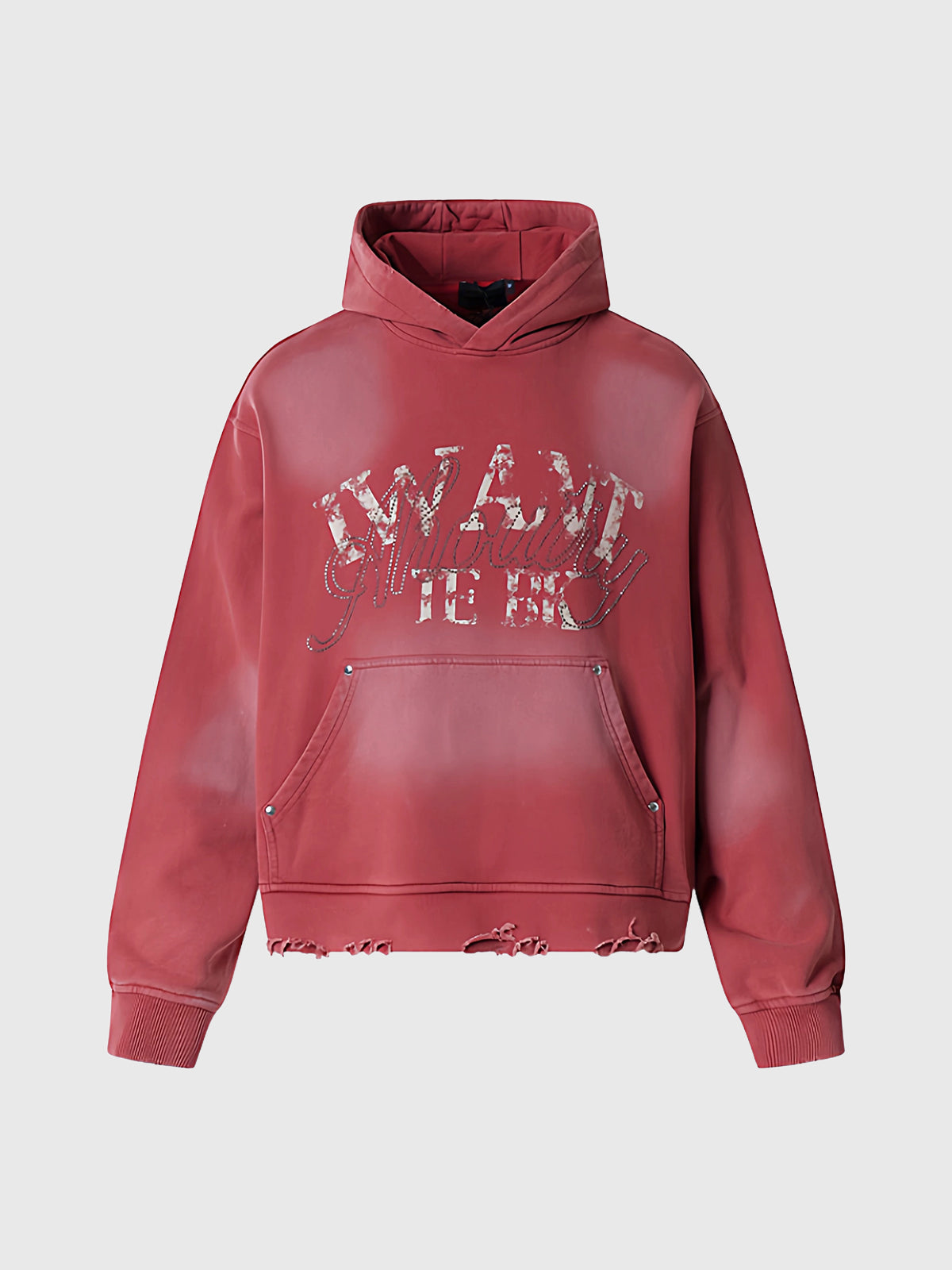 Co-ed Dorm Baggy Rhinestone Distressed Hoodie - Red