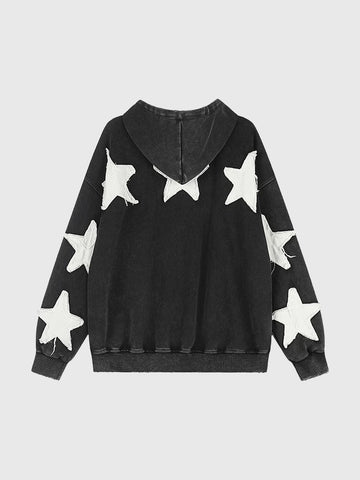 Co-ed Dorm Baggy Star Pattern Knit Zip-up Hoodie - Black