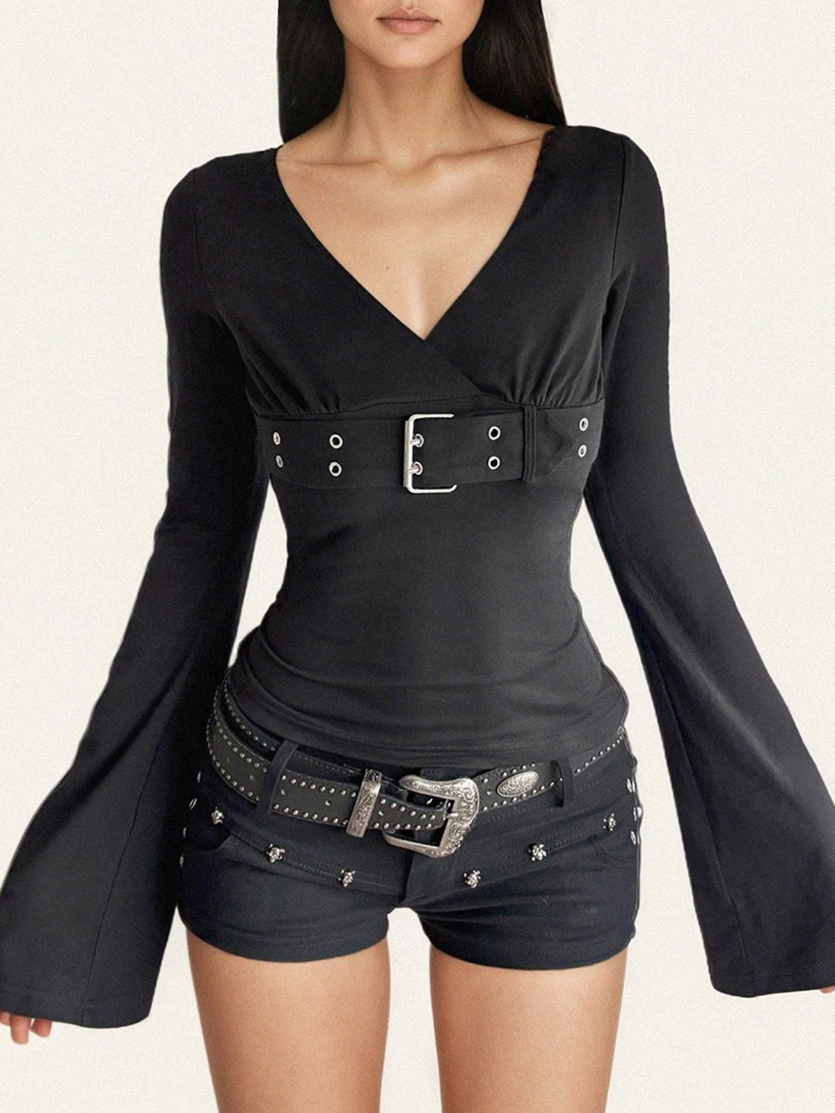Brick Lane Skimming Bell Sleeve Metal Eyelet Top - Black