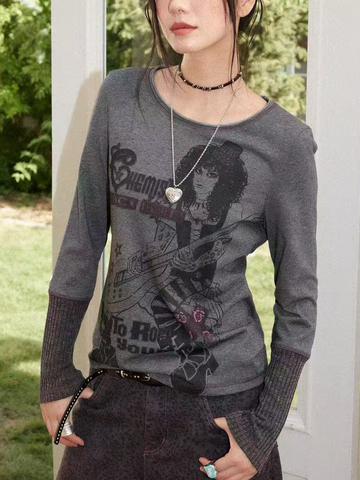Brick Lane Graphic Print Long Sleeve Tee - Charcoal