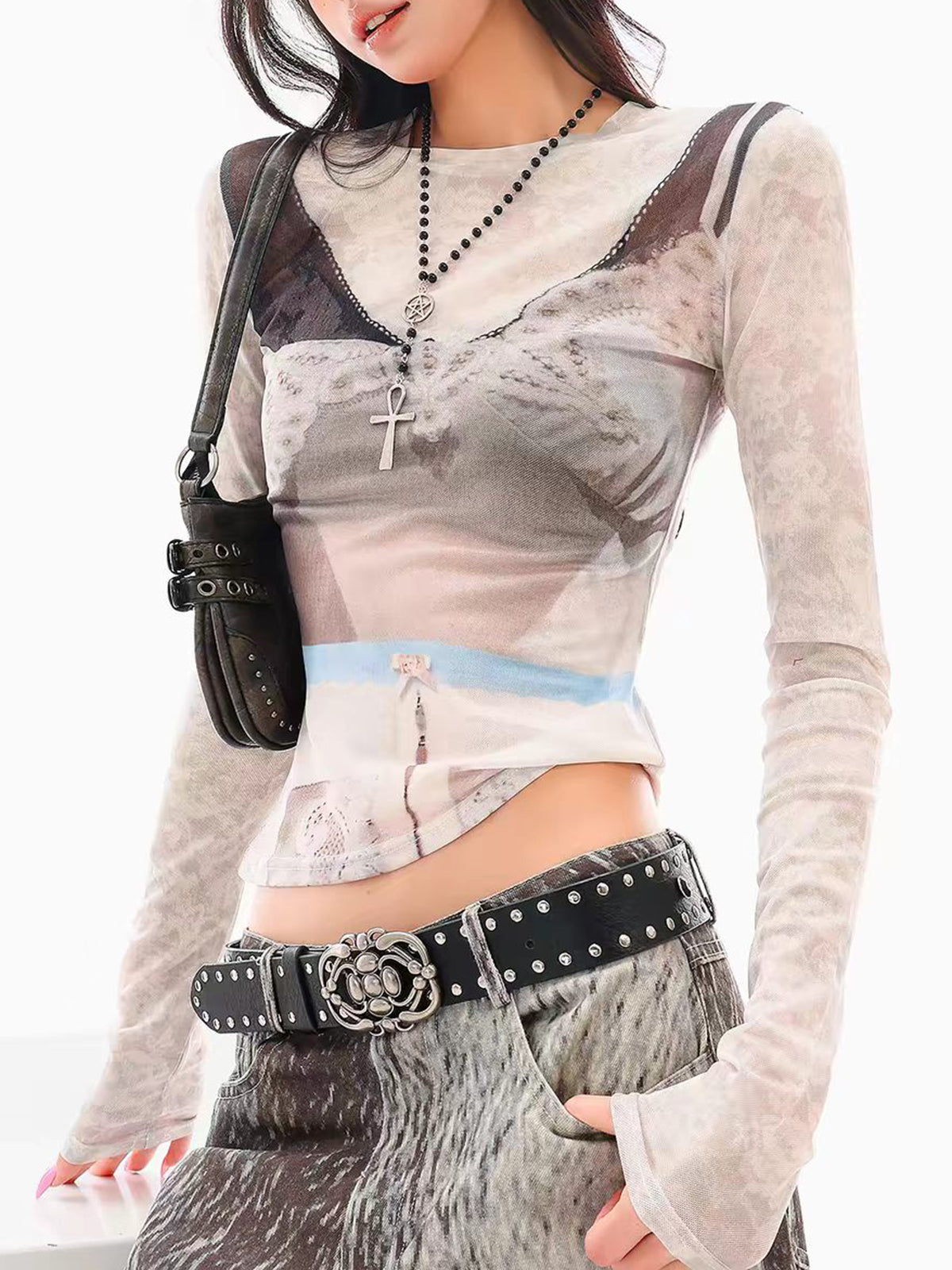 Weekday Outdoor Sheer Graphic Print Long Sleeve Crop Top - White