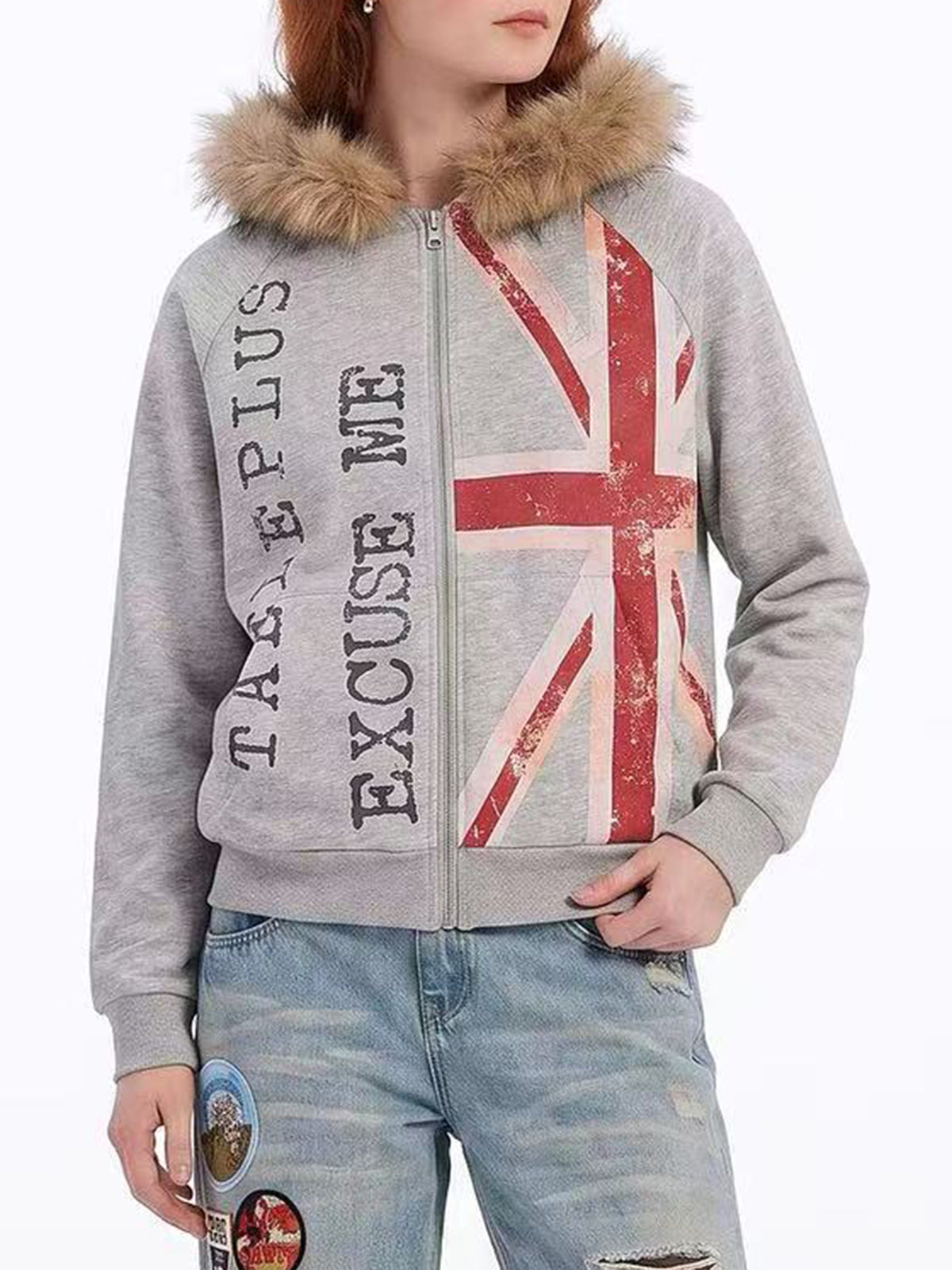 American Club Baggy Graphic Print Hooded Puffer Jacket - Grey