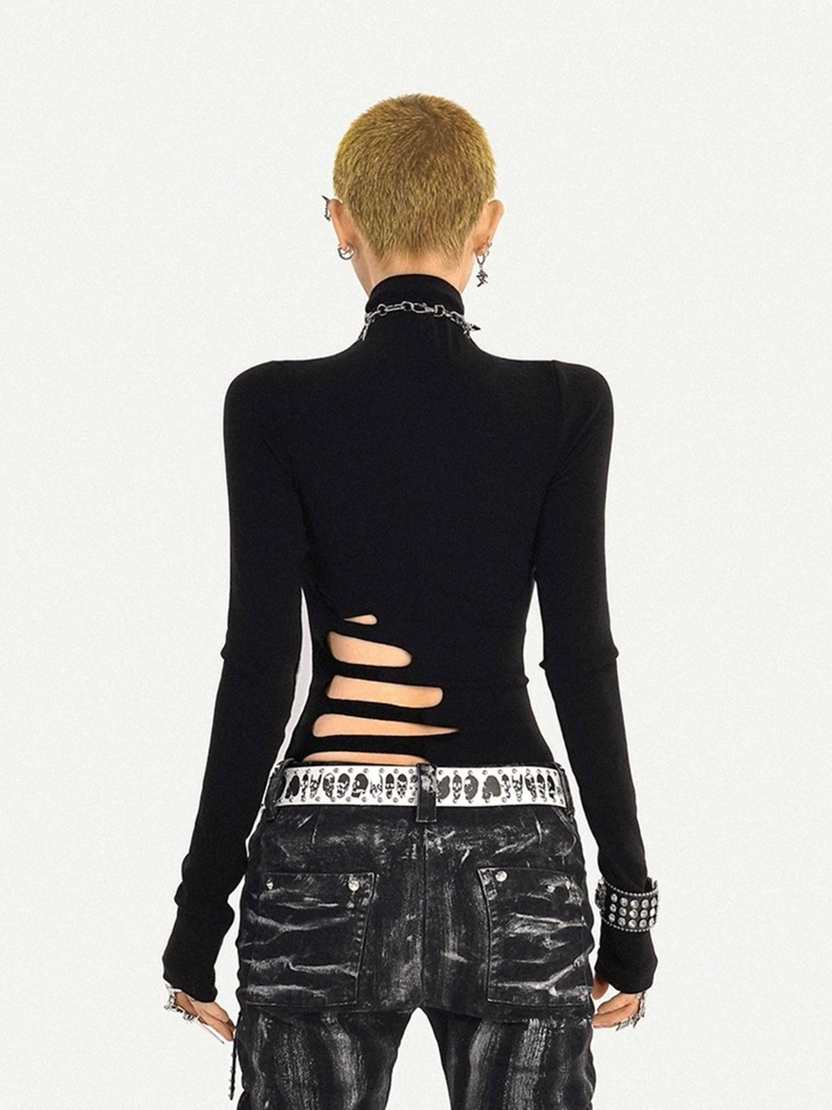 Brick Lane Skimming Cut-out Mock Neck Long Sleeve Top - Black