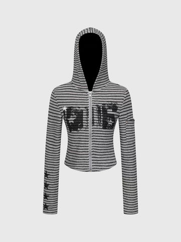 Brick Lane Skimming Striped Knit Hooded Top - Grey