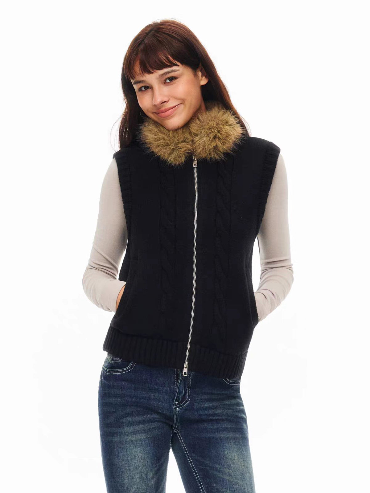 Weekday Outdoor Faux Fur Collar Padded Zip Puffer Vest - Black