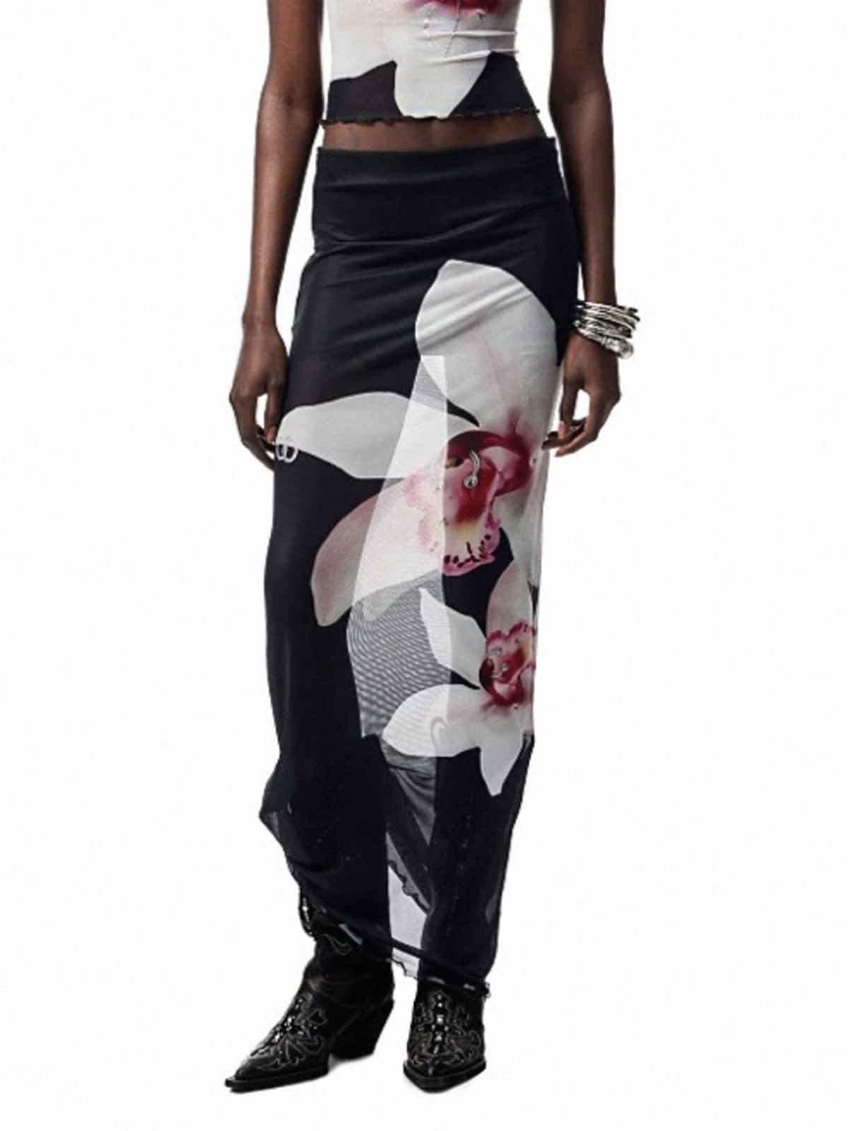Brick Lane Skimming Mesh Sheer Floral Rhinestone Maxi Skirt - Black