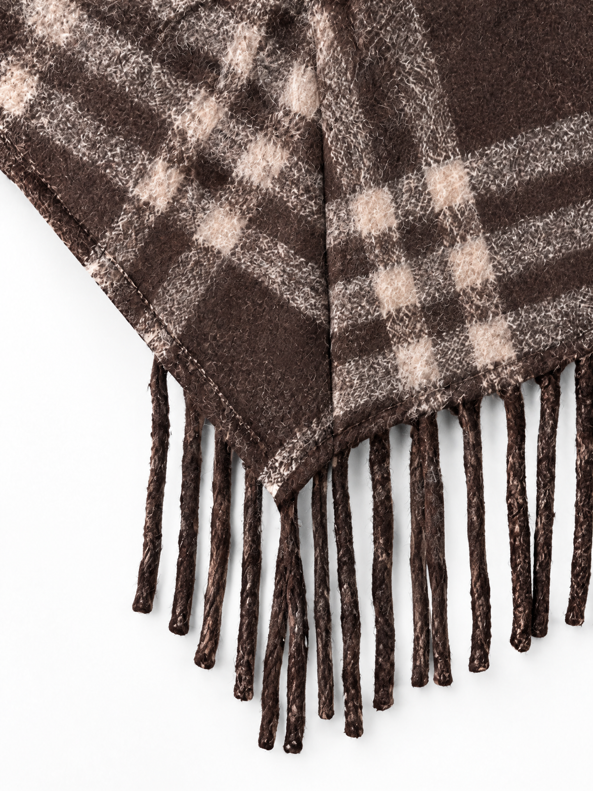 Brick Lane Plaid Pattern Fringed Knit Poncho Shawl - Brown/Black