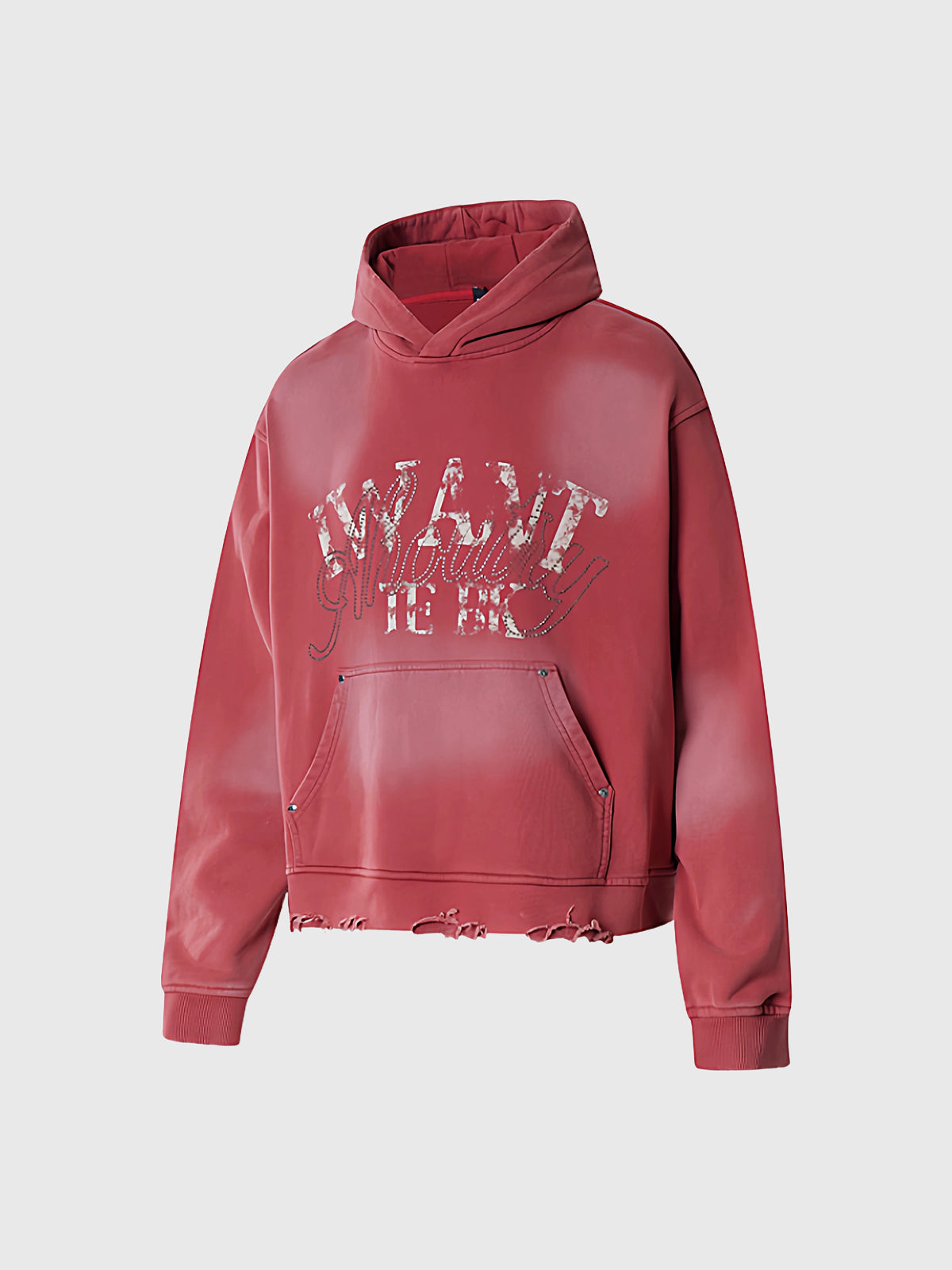 Co-ed Dorm Baggy Rhinestone Distressed Hoodie - Red