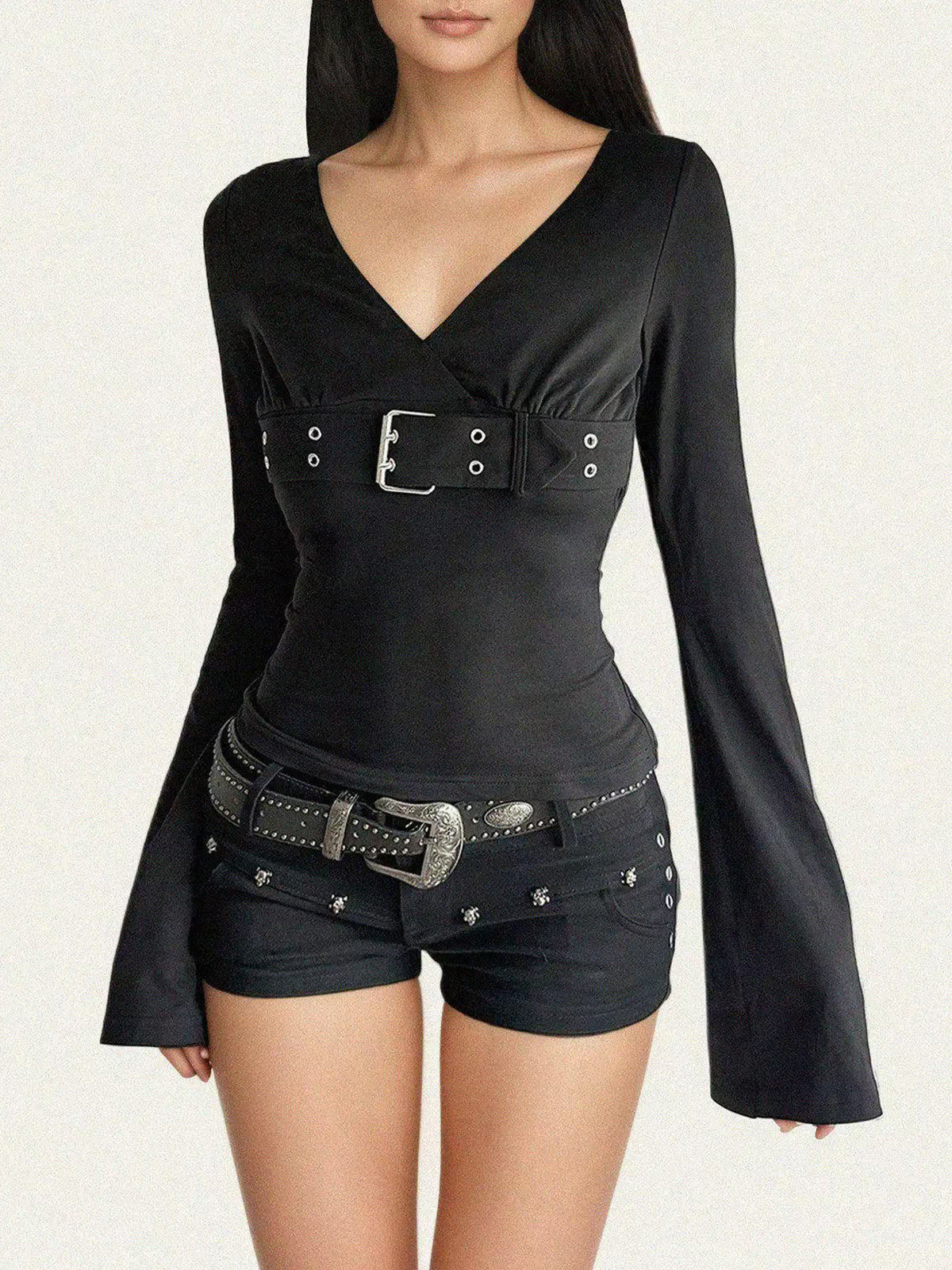 Brick Lane Skimming Bell Sleeve Metal Eyelet Top - Black