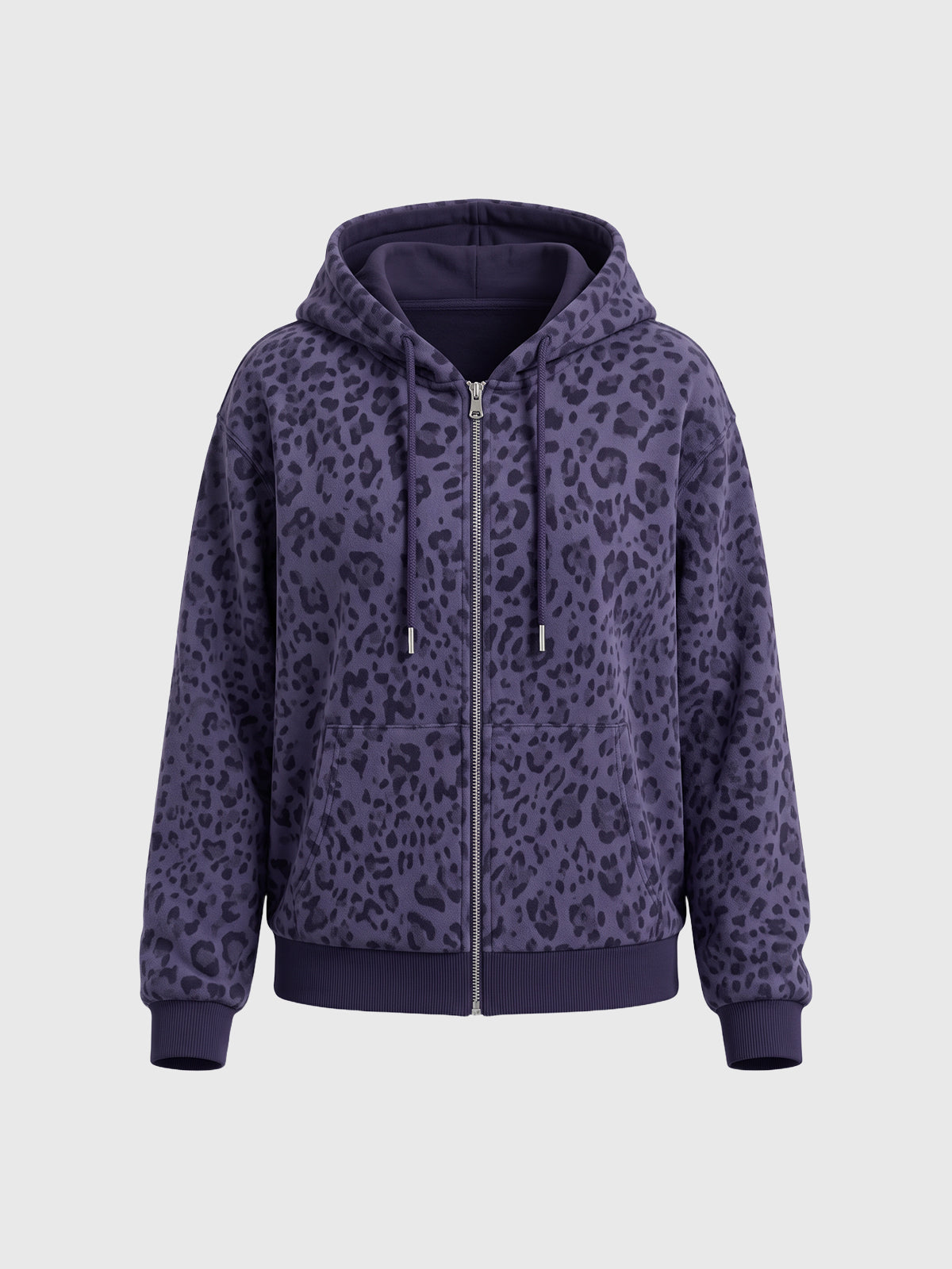 Co-ed Dorm Baggy Leopard Print Zip-up Hoodie - Purple
