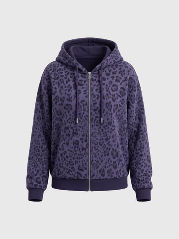 Co-ed Dorm Baggy Leopard Print Zip-up Hoodie - Purple