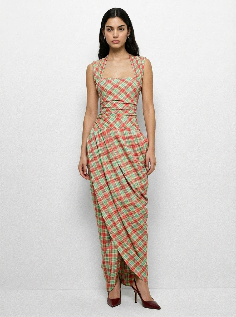Puzzle Check Waist Dress - Chestnut Brown