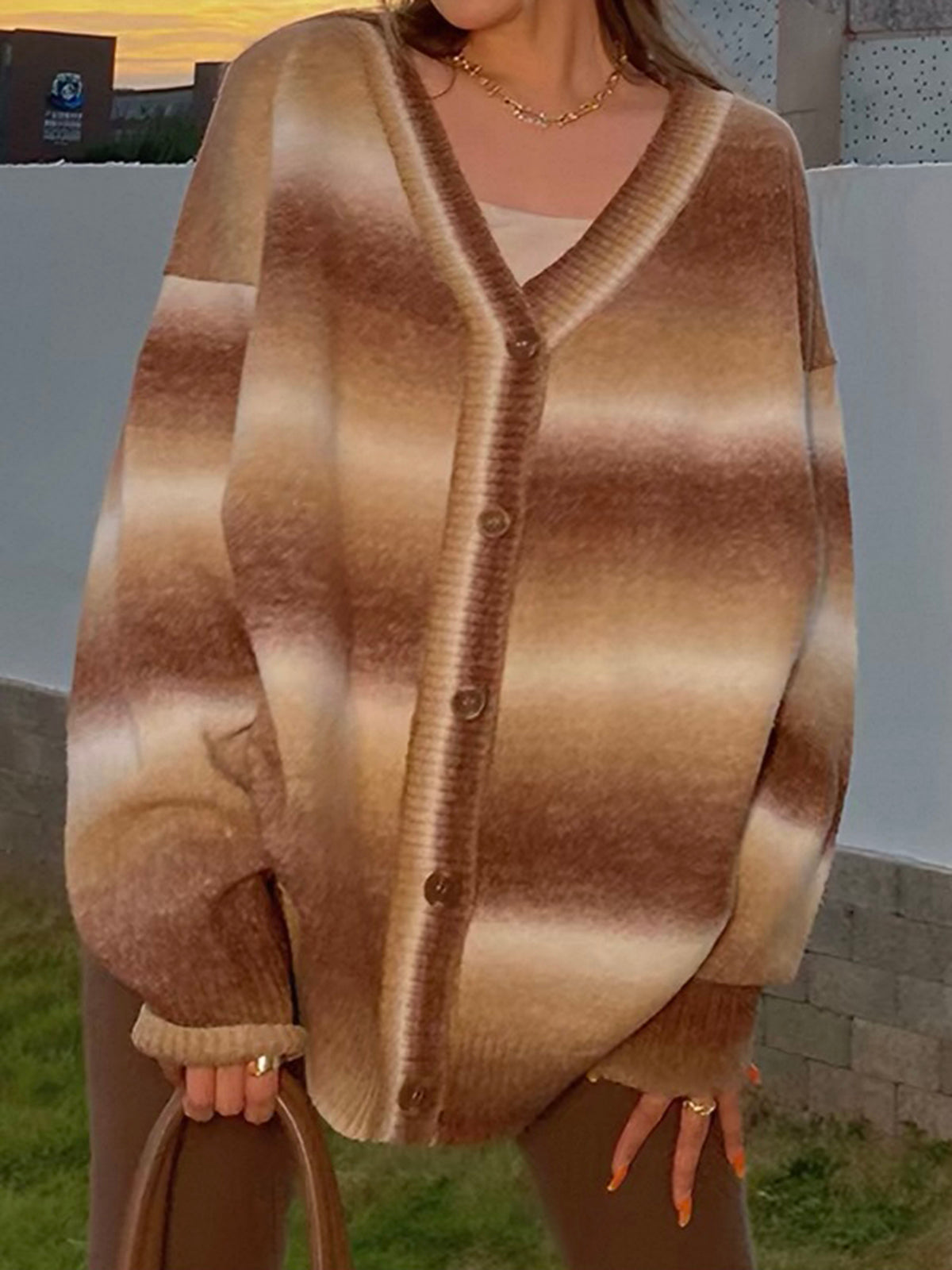American Club Baggy Striped Knit Sweater - Brown