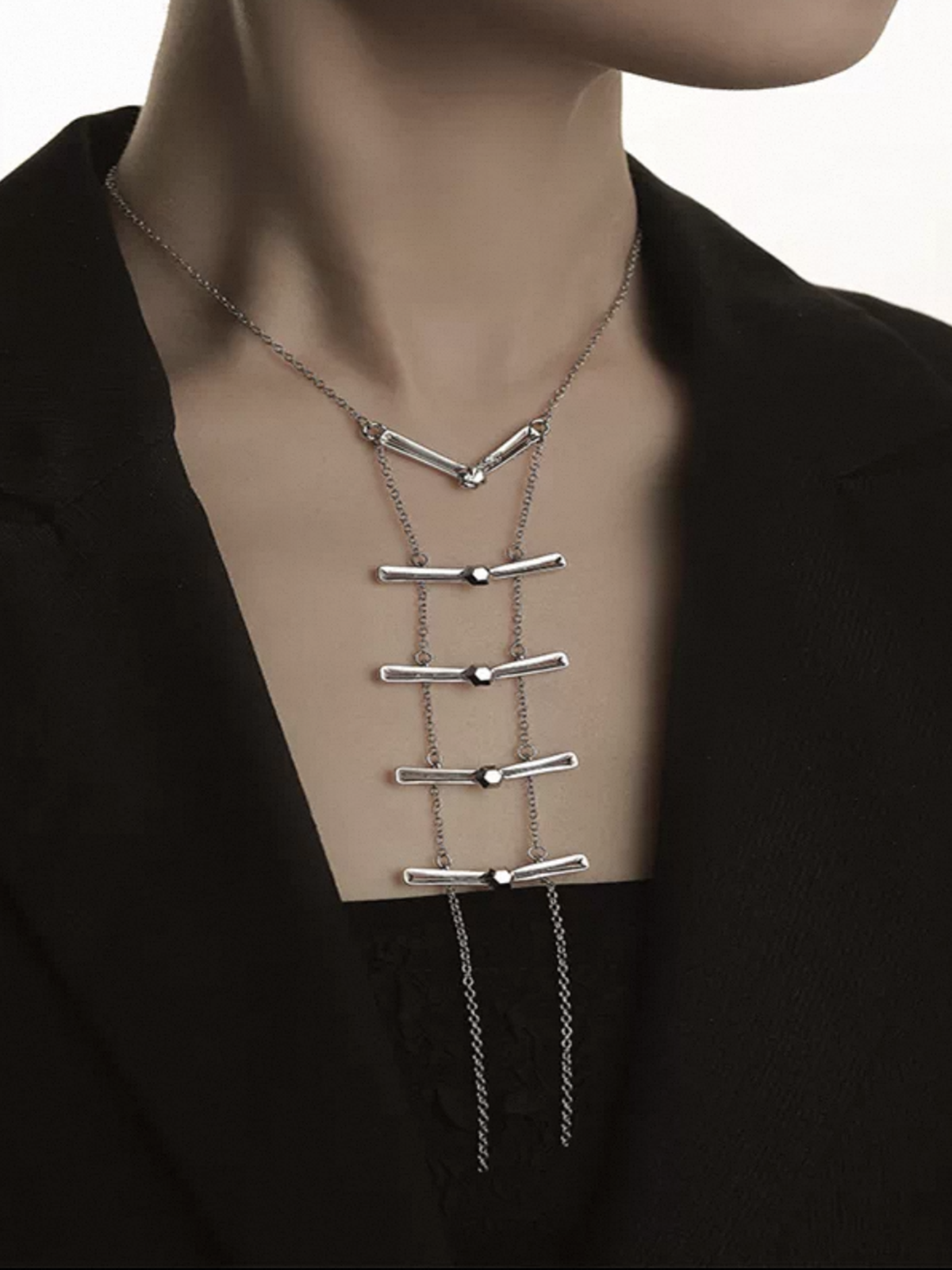 Brick Lane Casual Layered Safety Pin Drop Necklace - Silver