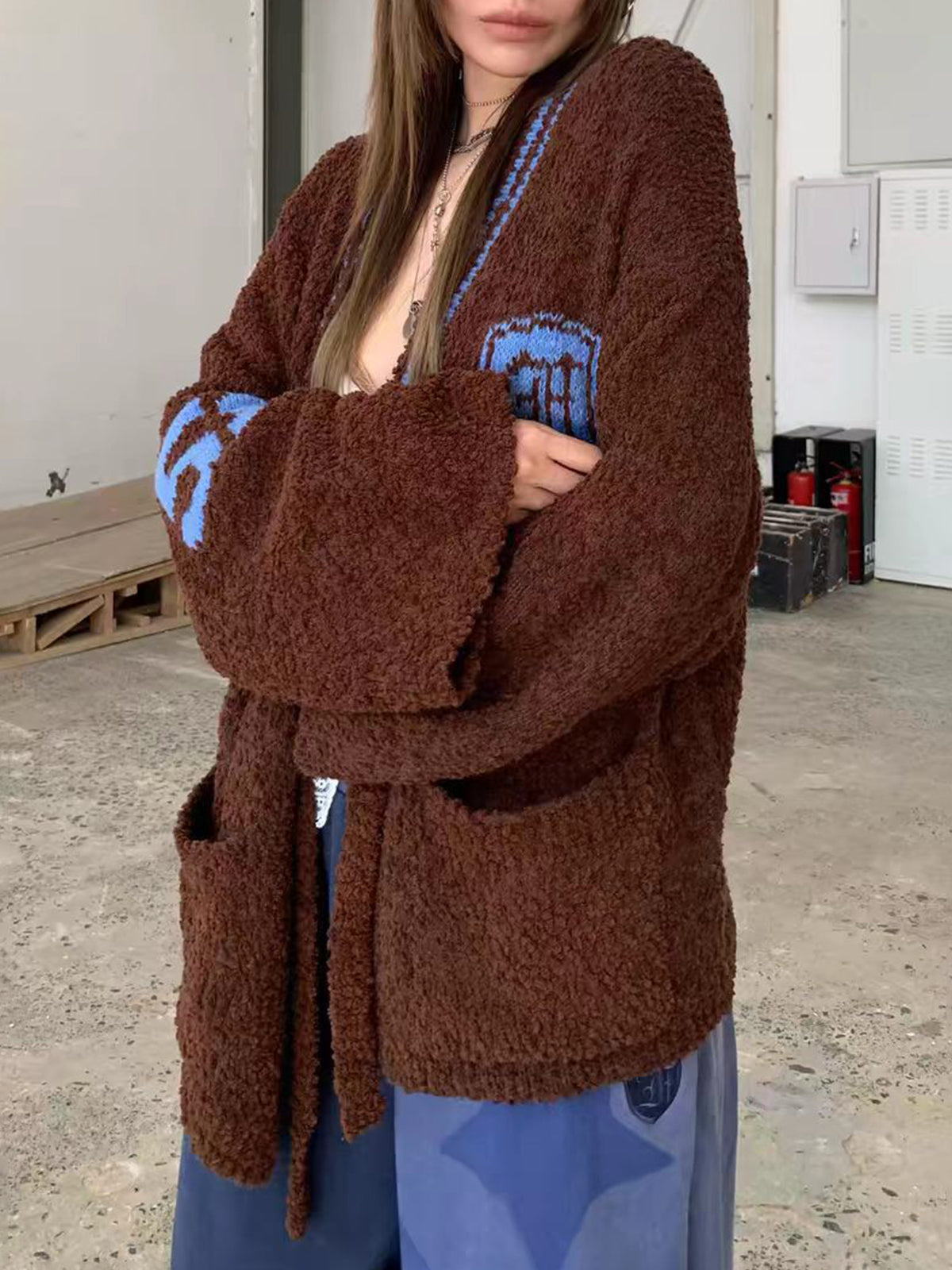 American Club Baggy Number Patch V-Neck Knit Cardigan Sweater - Brown