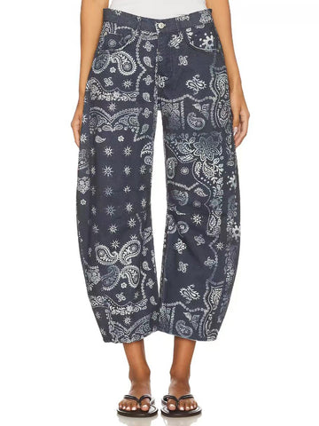 Brick Lane Baggy Printed Drawstring Casual Midi Pants - Blue