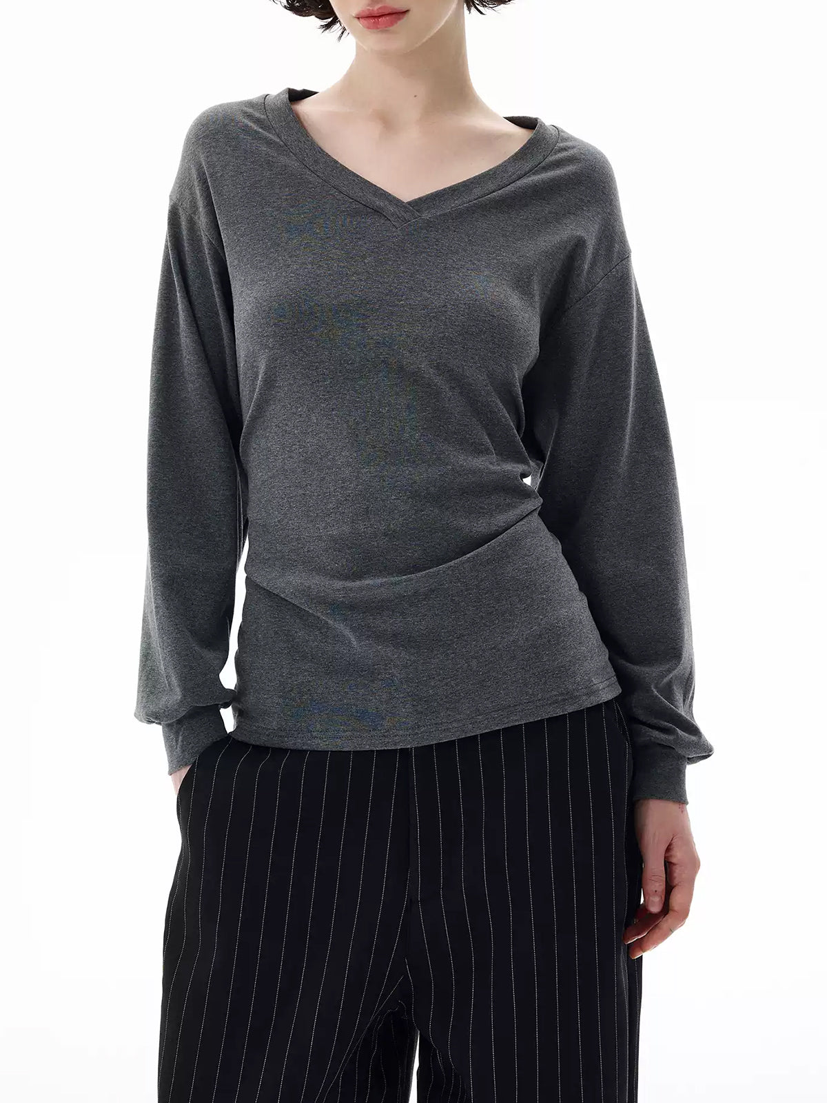 Brick Lane Tiered Ruffle Tie-Back Long Sleeve Blouse - Charcoal