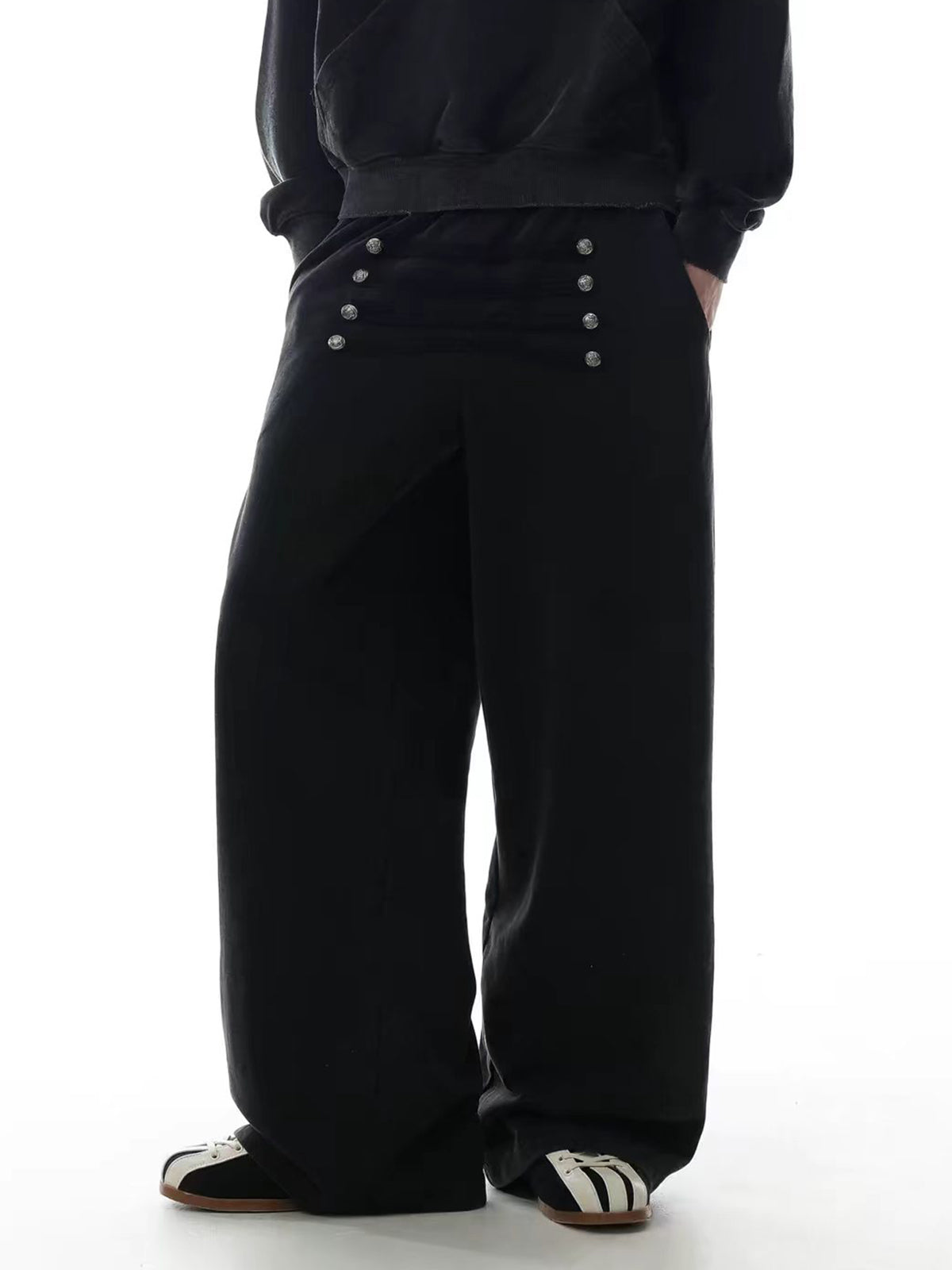 Brick Lane Double-Breasted Button Front Wide-Leg Maxi Pants - Black