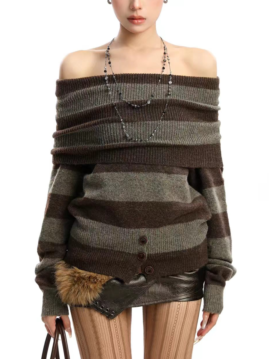 Brick Lane Off-Shoulder Striped Knit Long Sleeve Sweater - Olive