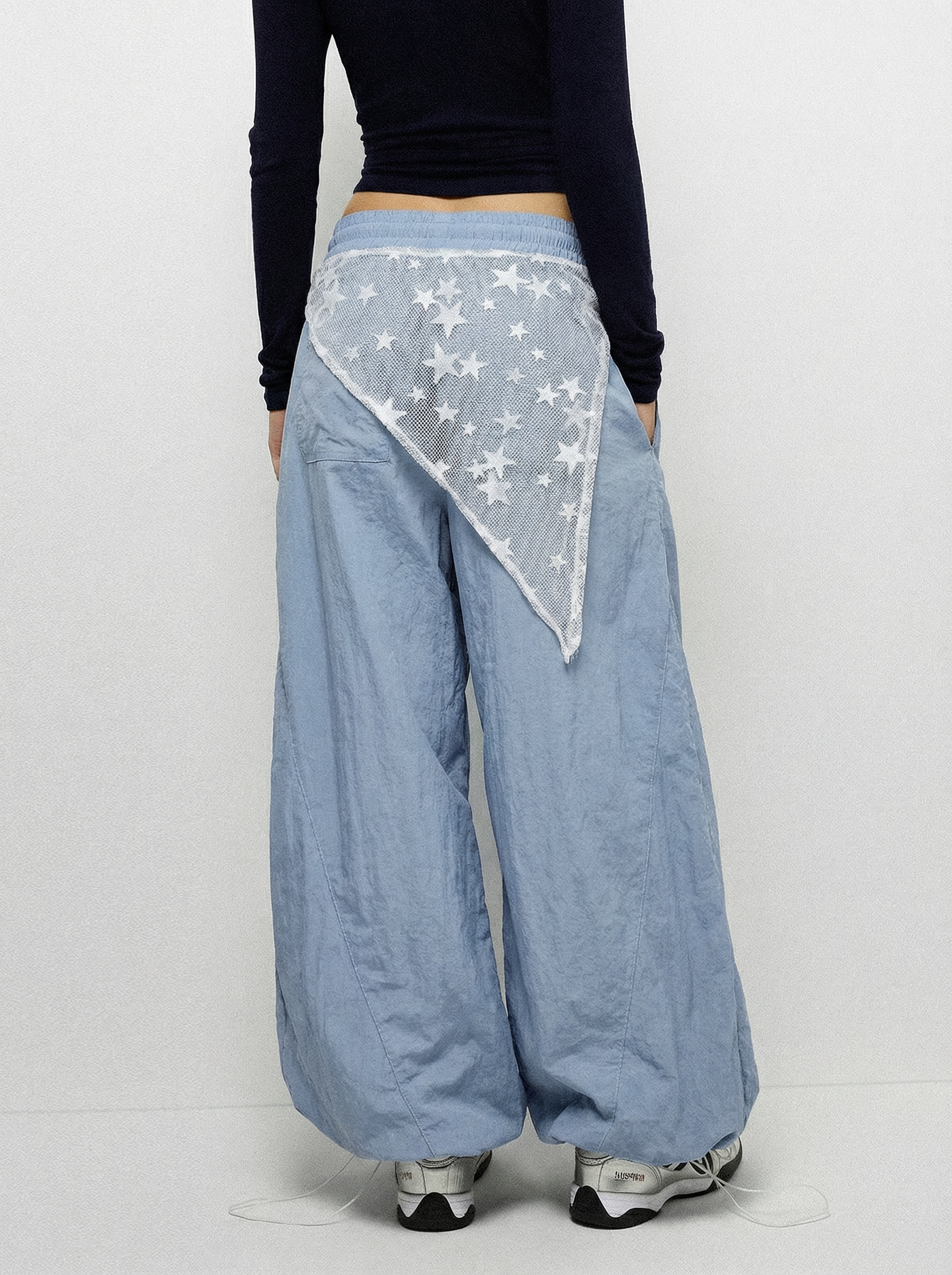 Sky Lace Patch Barrel Pants - Light Blue