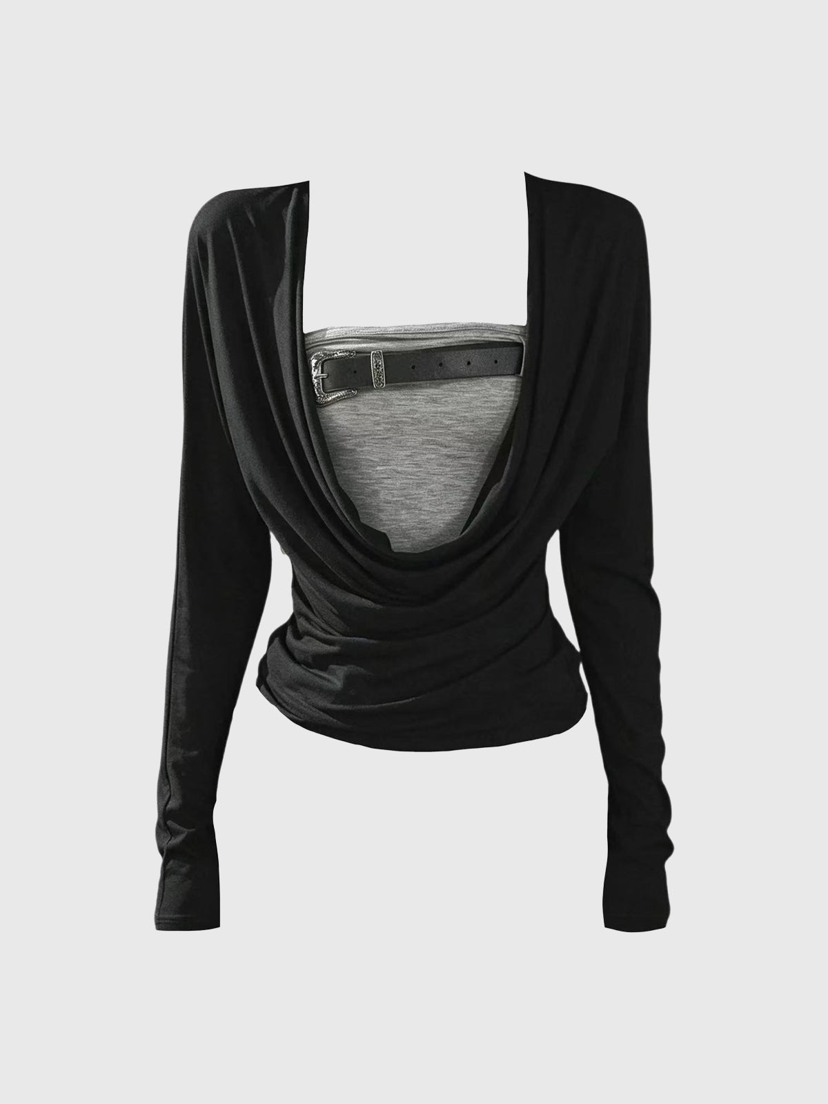 Co-ed Dorm Skimming Square Neck Long Sleeve Top - Black
