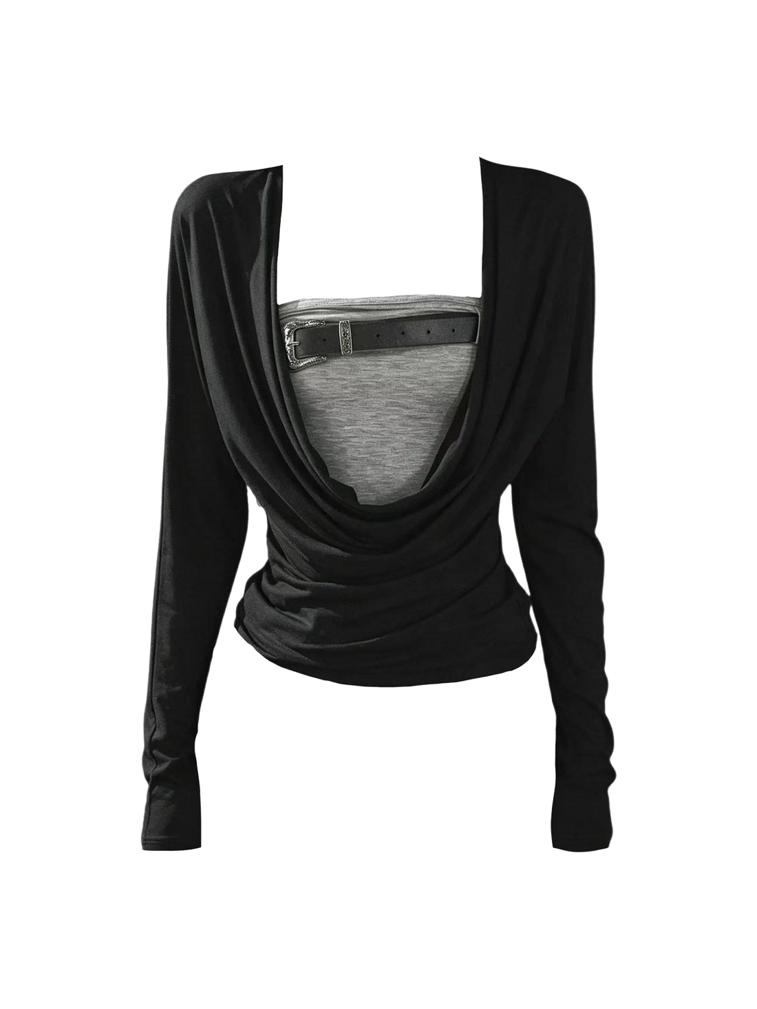 Co-ed Dorm Skimming Square Neck Long Sleeve Top - Black