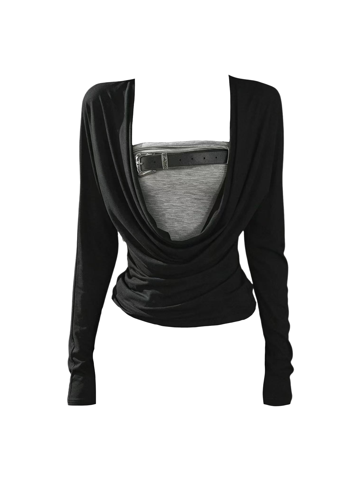 Co-ed Dorm Skimming Square Neck Long Sleeve Top - Black