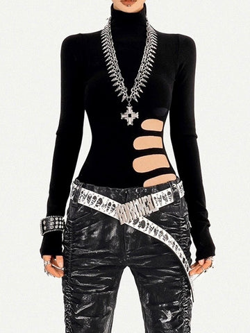 Brick Lane Skimming Cut-out Mock Neck Long Sleeve Top - Black