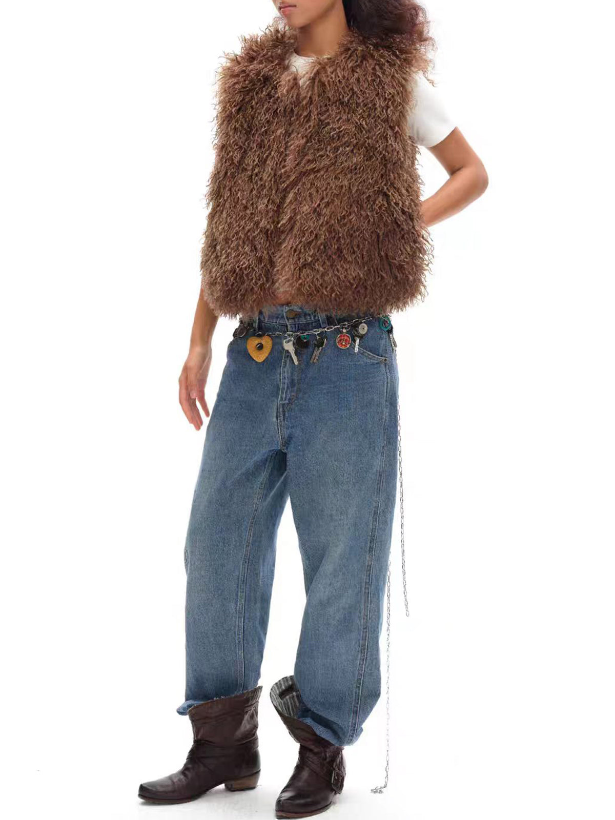Weekday Outdoor Baggy Plaid Flannel Fleece Vest Jacket - Brown