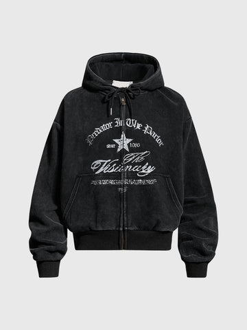 Co-ed Dorm Baggy Star Zip-up Hoodie - Black
