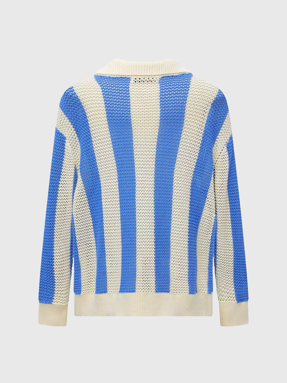 Striped Open-Knit Long Sleeve Polo – Sky Blue