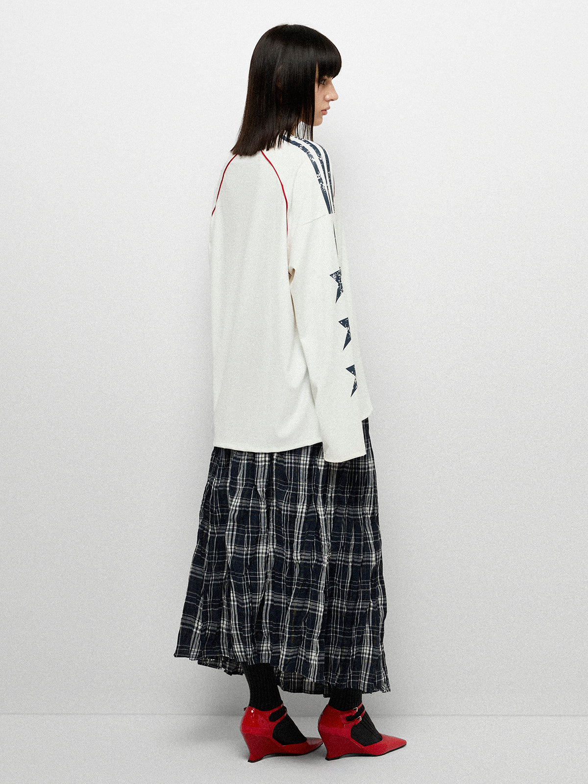 Textured Crepe Paper Skirt - Navy Grid