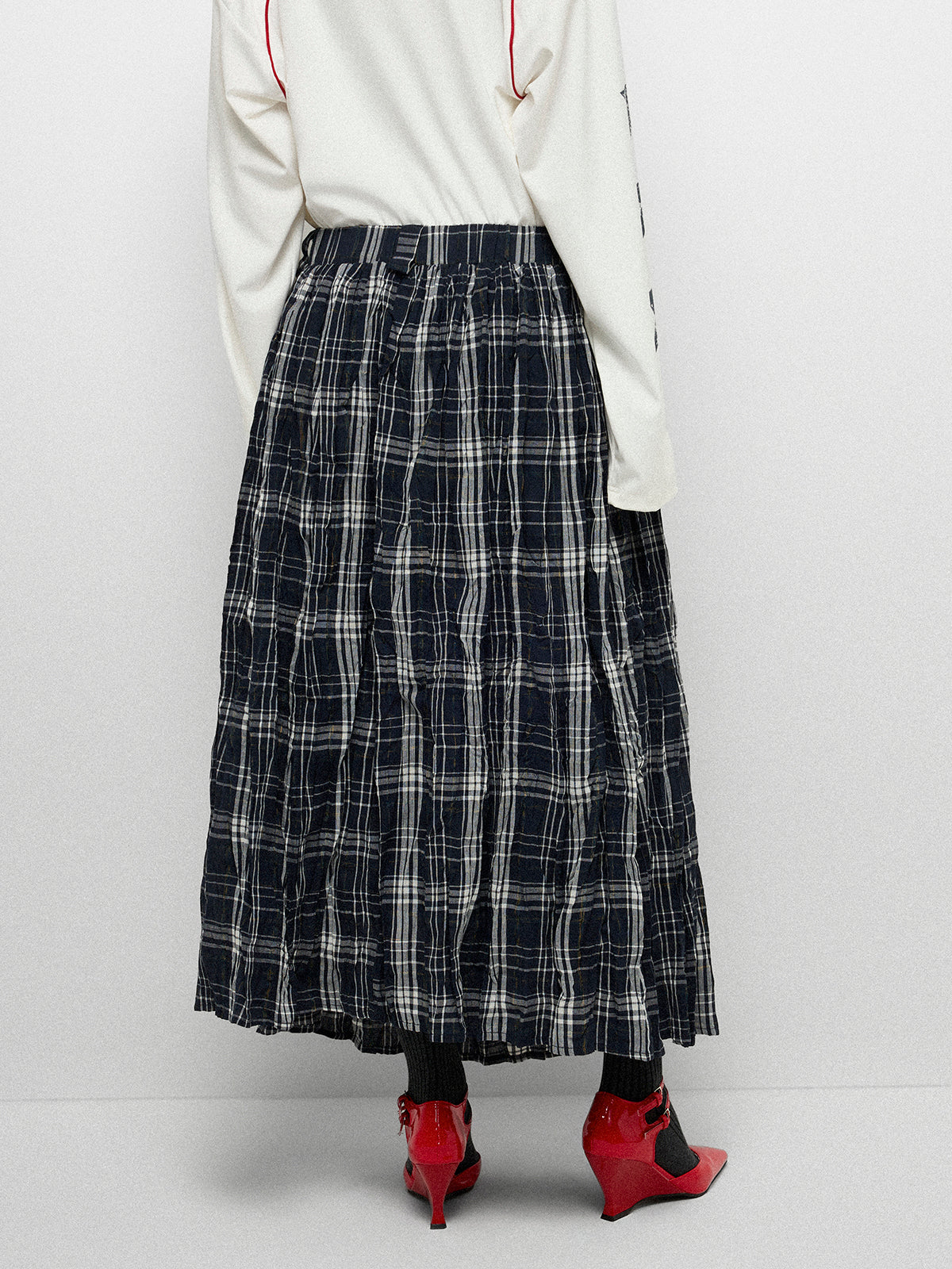 Textured Crepe Paper Skirt - Navy Grid