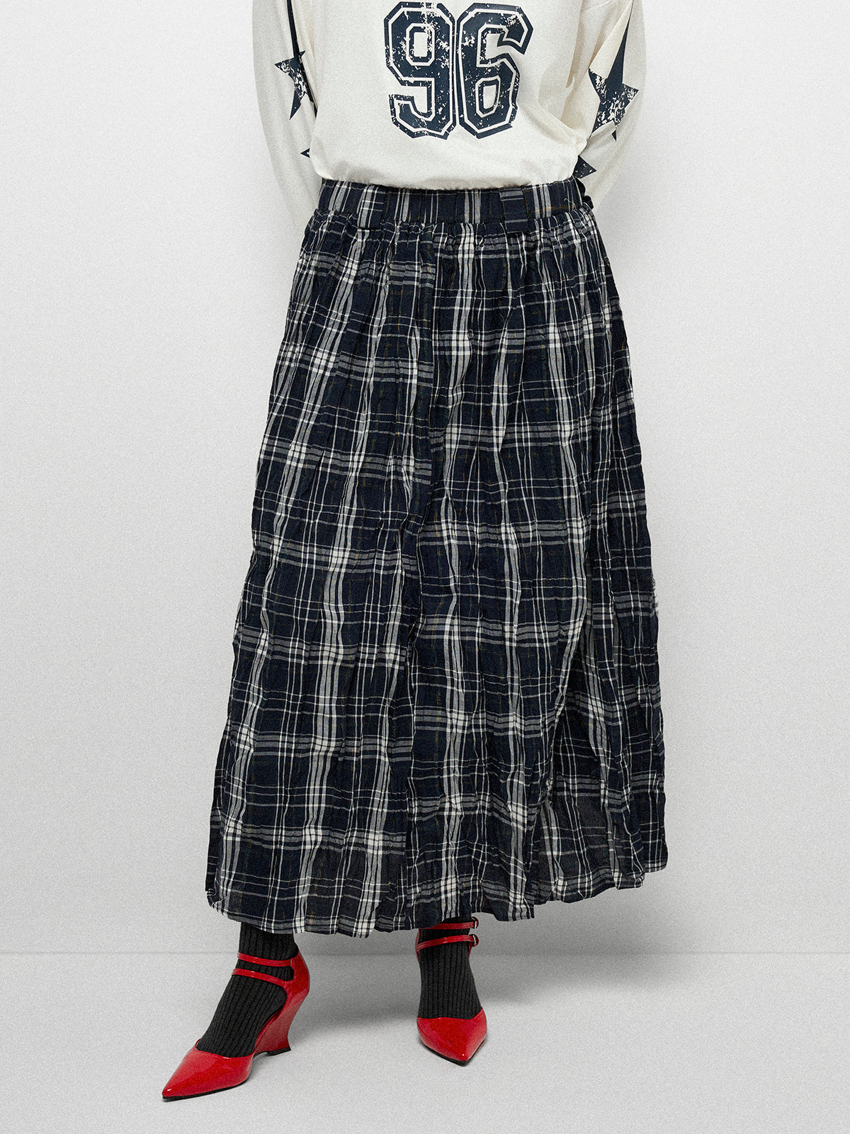 Textured Crepe Paper Skirt - Navy Grid