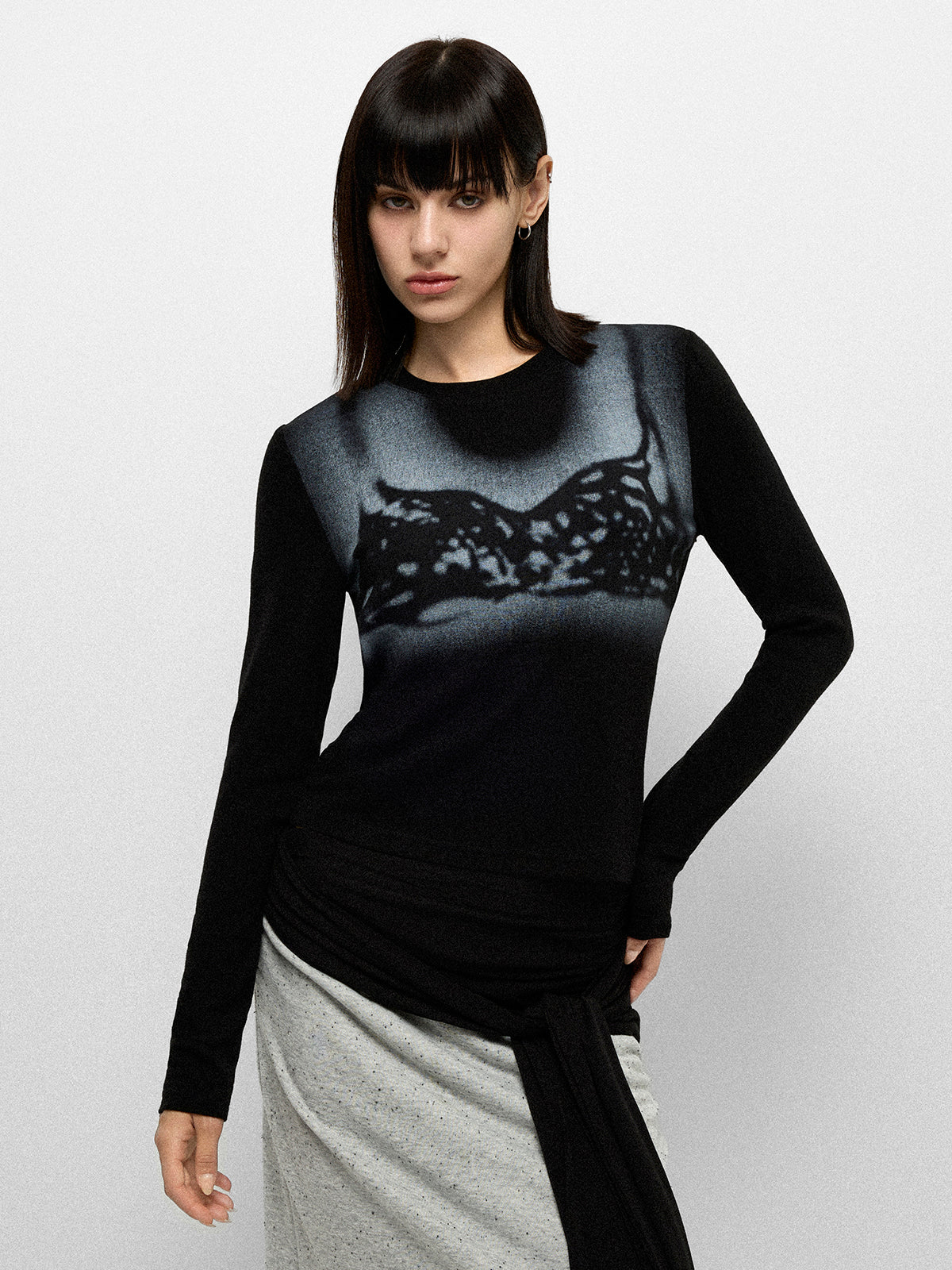 Night Sketch Sleeve Top -Black Ink