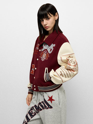 Americana Patchwork Varsity Jacket - Burgundy Cream