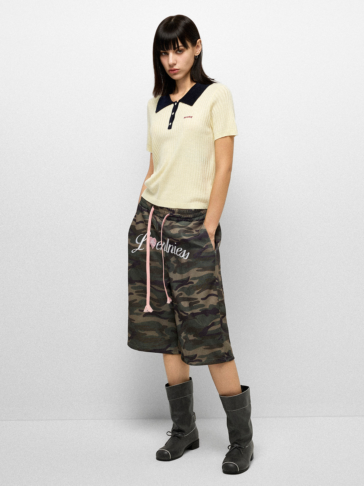 Retro Collar Polo Top - Ivory Navy