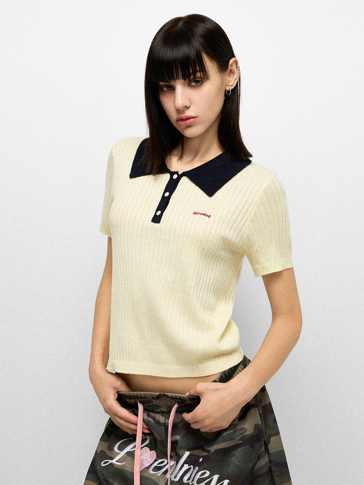 Retro Collar Polo Top - Ivory Navy