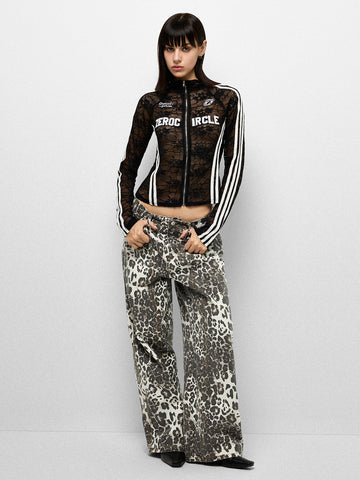 Circle Cut Lace Zip Jacket - Black White