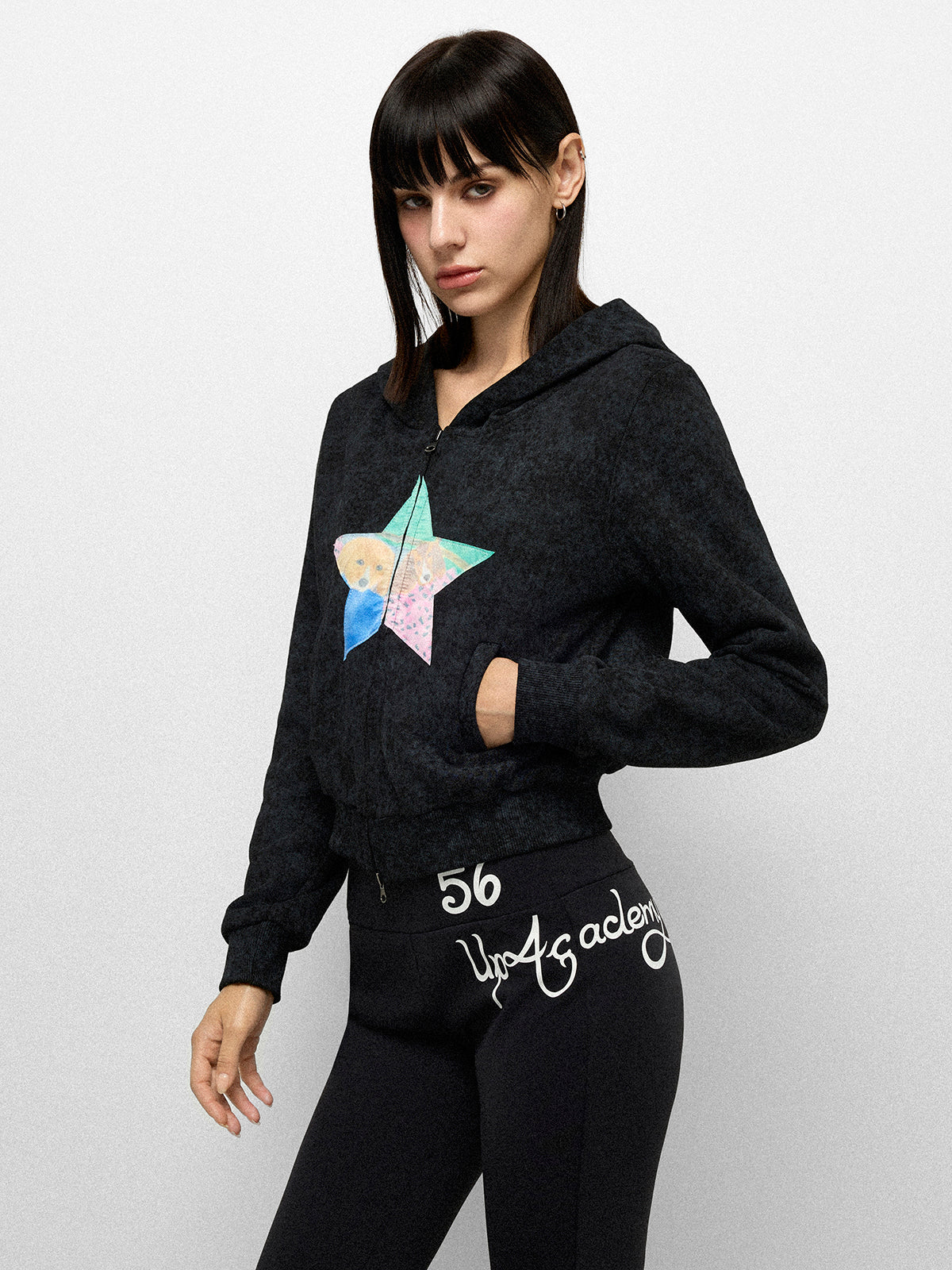 Star Patch Zip Hoodie - Black Multi