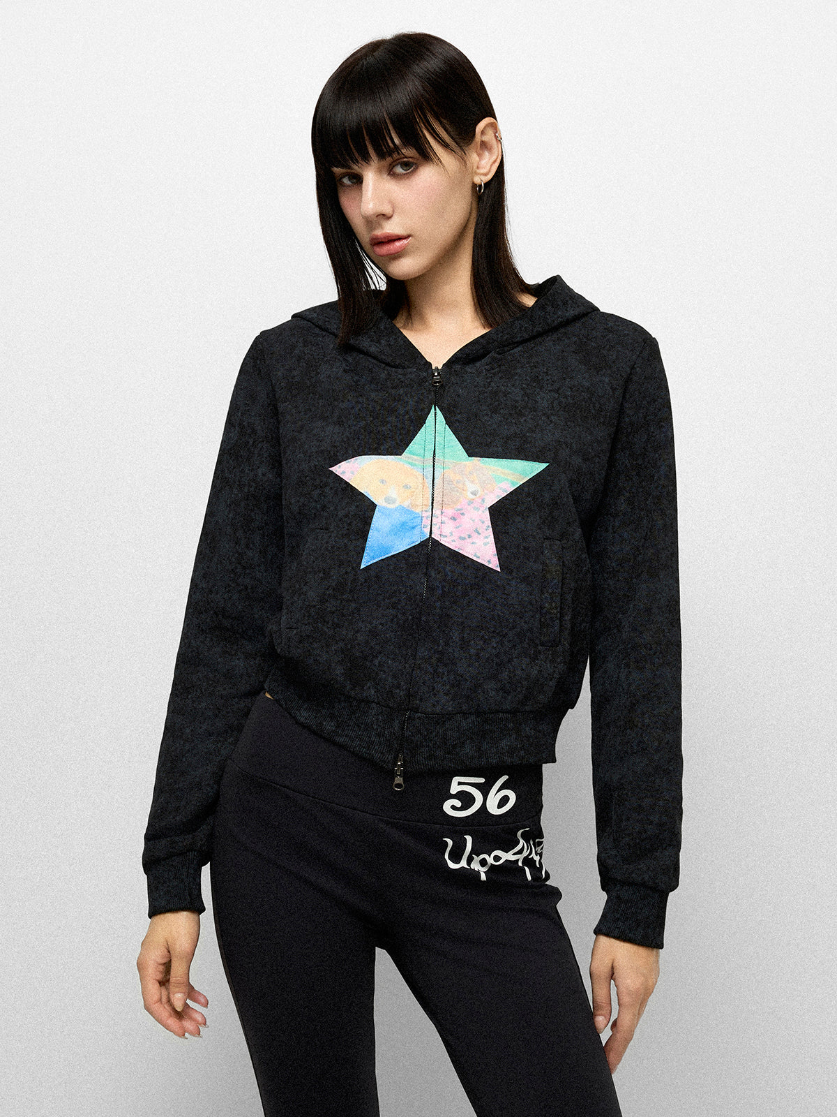 Star Patch Zip Hoodie - Black Multi