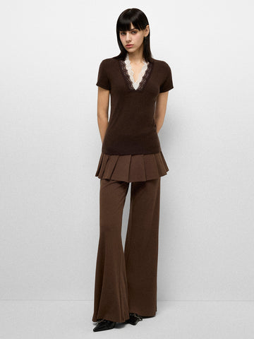 Lace Frame V-neck Tee - Mocha Brown