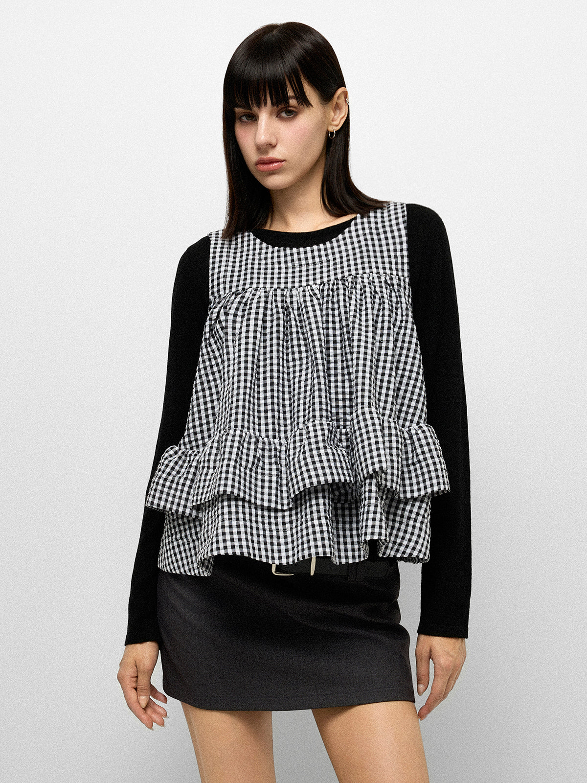 City Flirt Ruffle Tank Top – Black Check