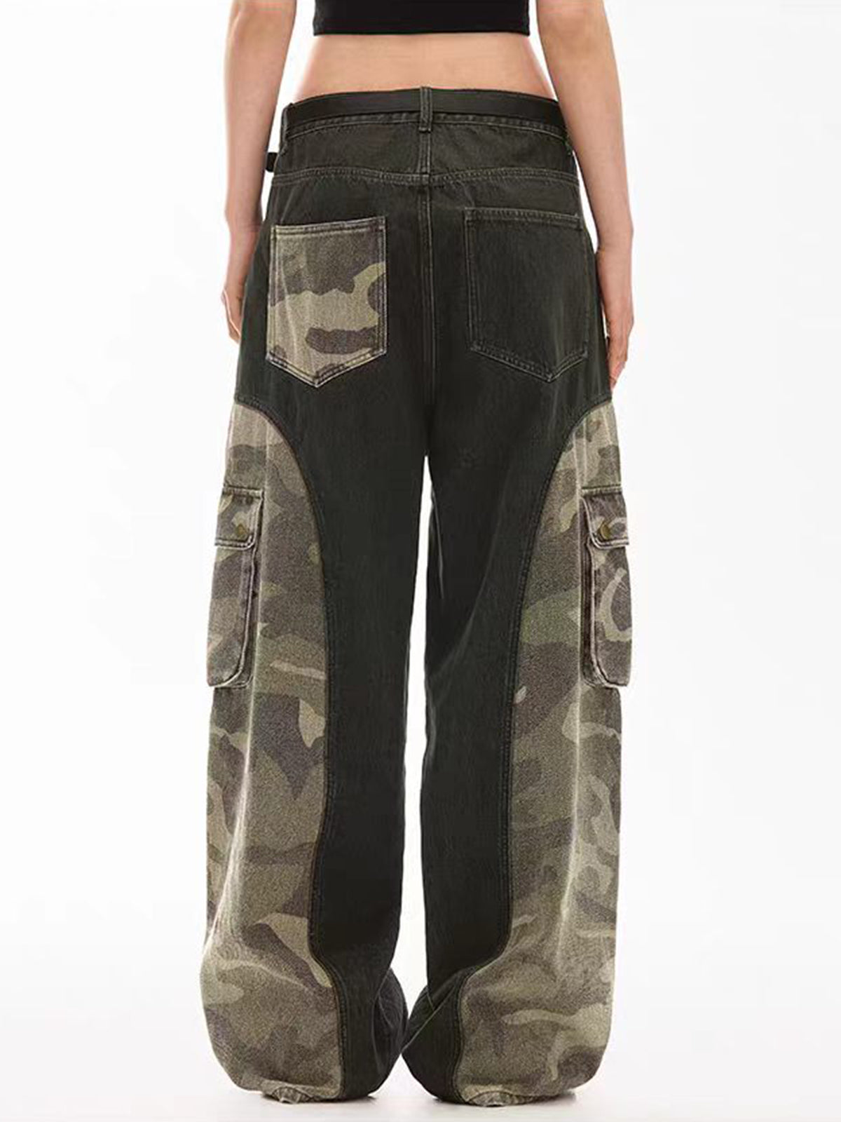 Weekday Outdoor Two-Tone Contrast Wide-Leg Cargo Pants - Black/Camo