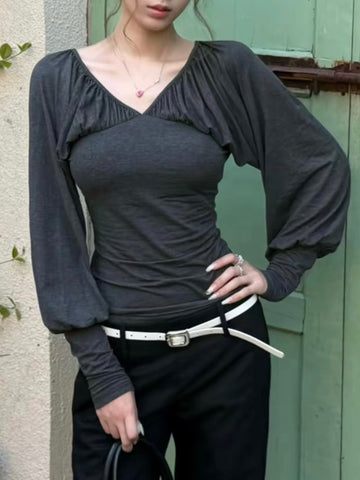 Co-ed Dorm Skimming Deep V-Neck Long Sleeve Top - Grey