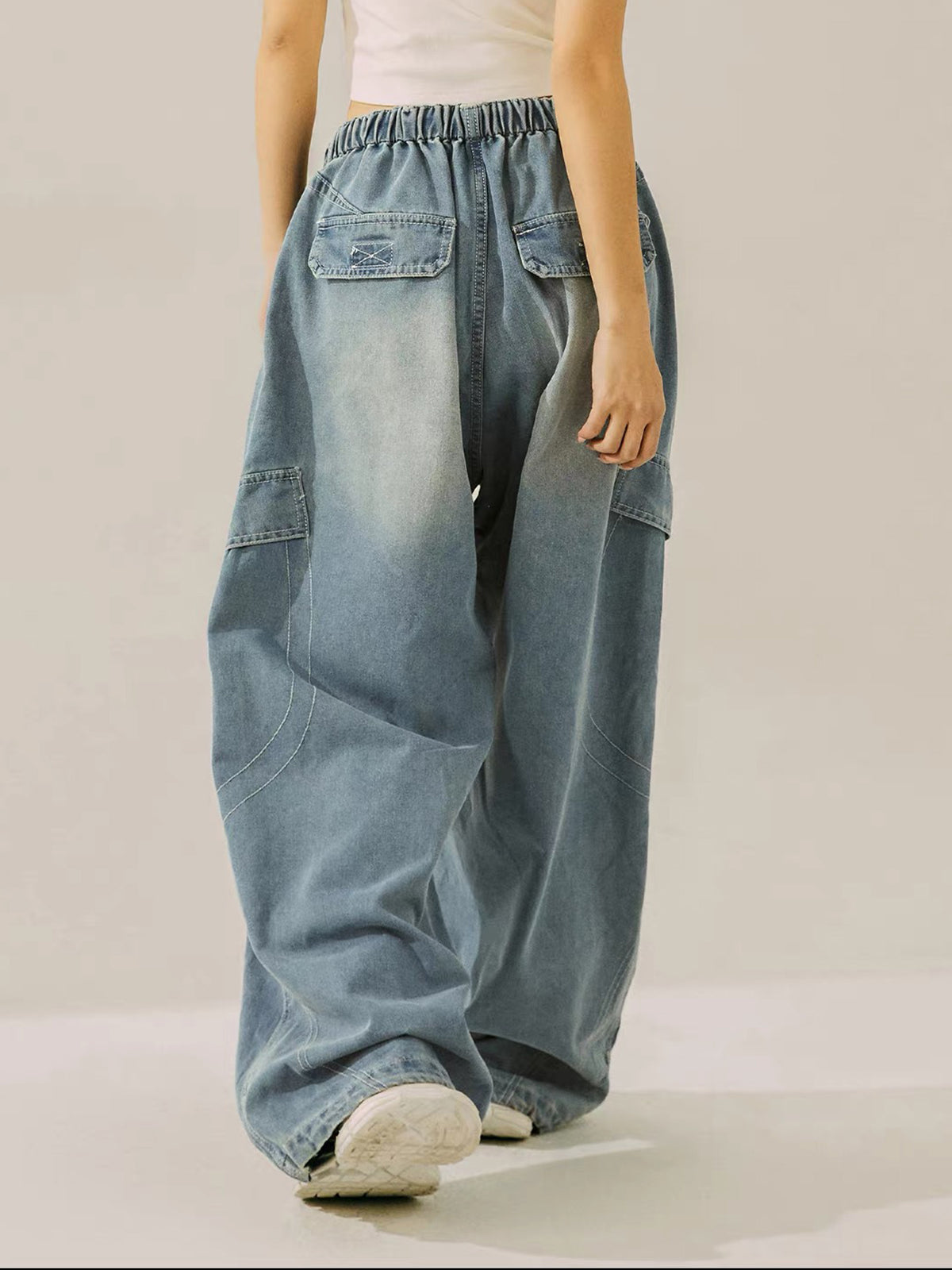 Co-ed Dorm Wide-leg Distressed Washed Denim Maxi Pants - Blue
