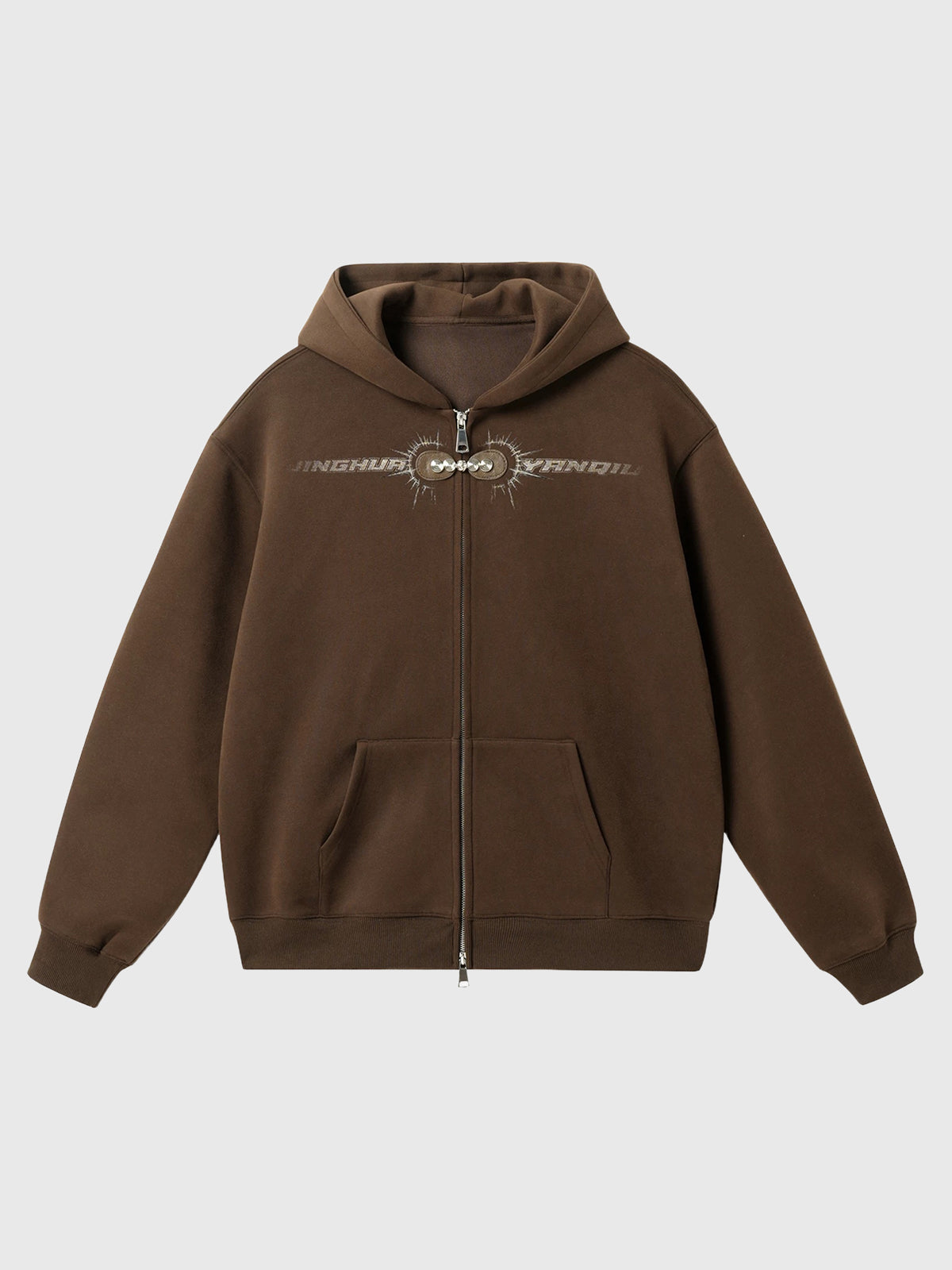 Co-ed Dorm Baggy Star Embroidery Zip-up Hoodie - Brown