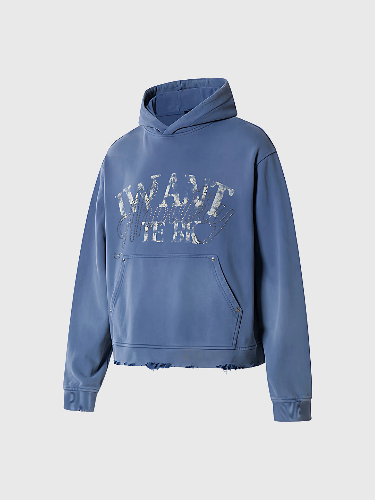 Co-ed Dorm Baggy Rhinestone Distressed Hoodie - Blue